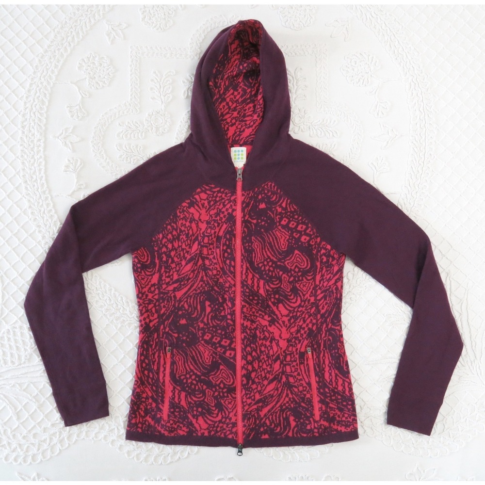 Title Nine Merino Wool Full Zip Hoodie Purple Pink Paisley Large Scuba Hood